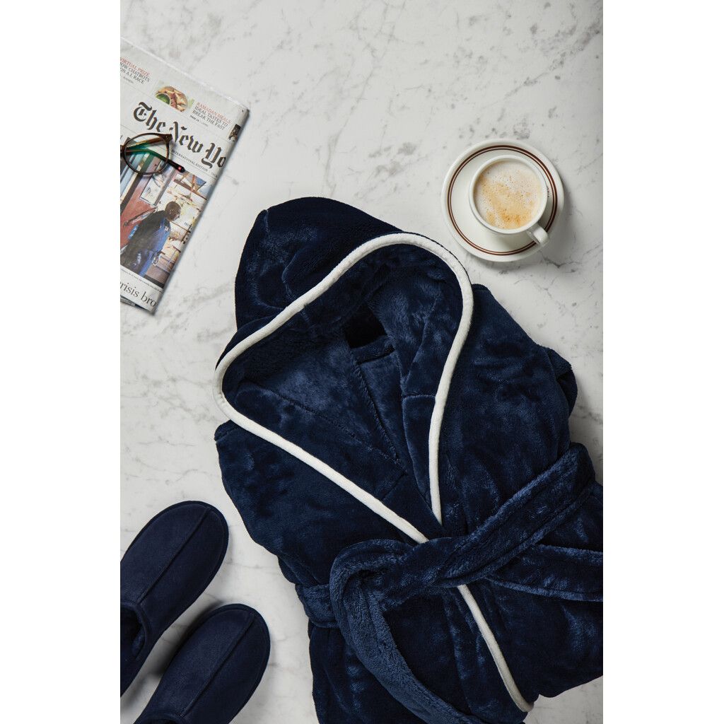 VINGA Louis Luxus Plüsch GRS rPET Bademantel Größe L/XL - navy blau-81