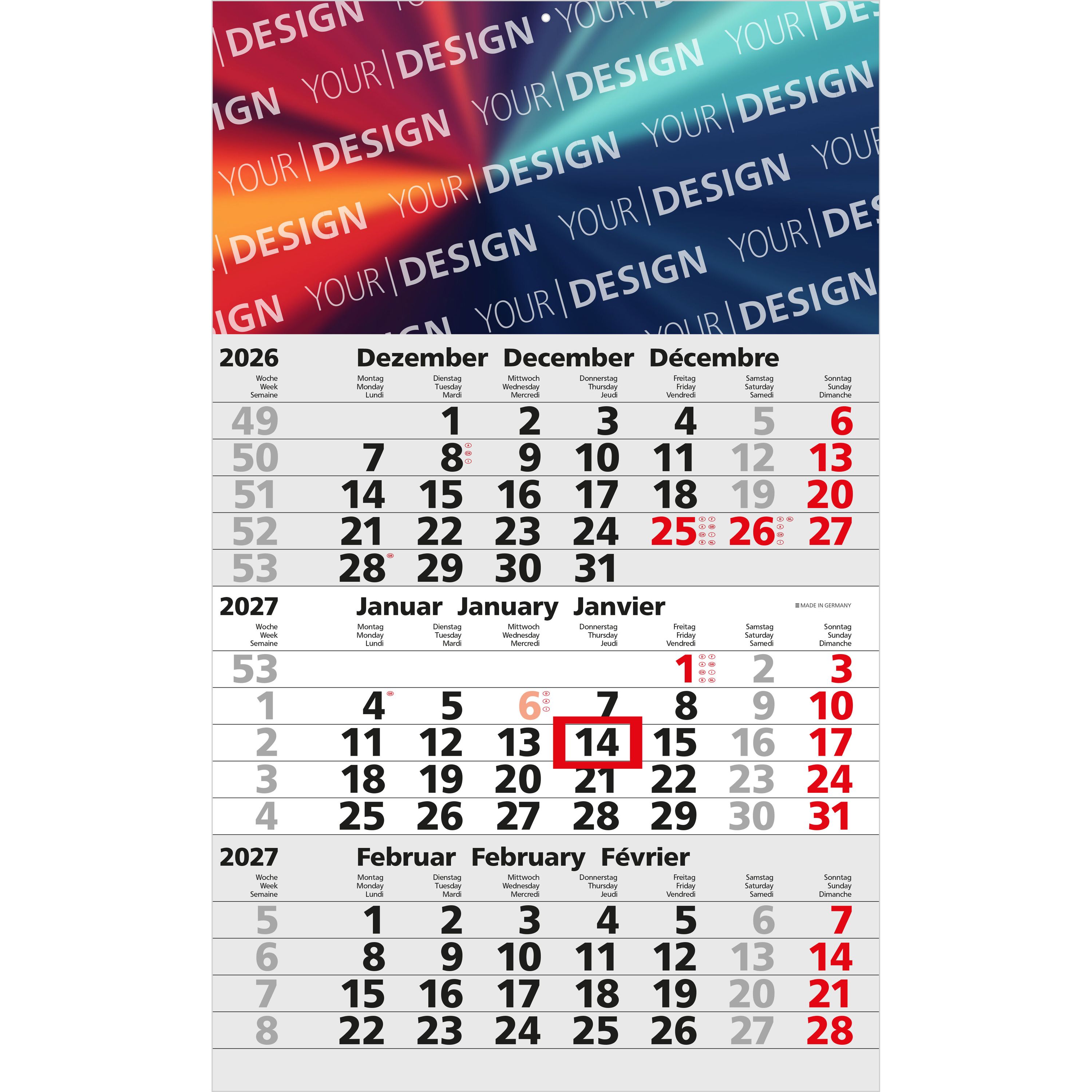 3-Monatskalender Einblatt Solid 3, hellgrau-841