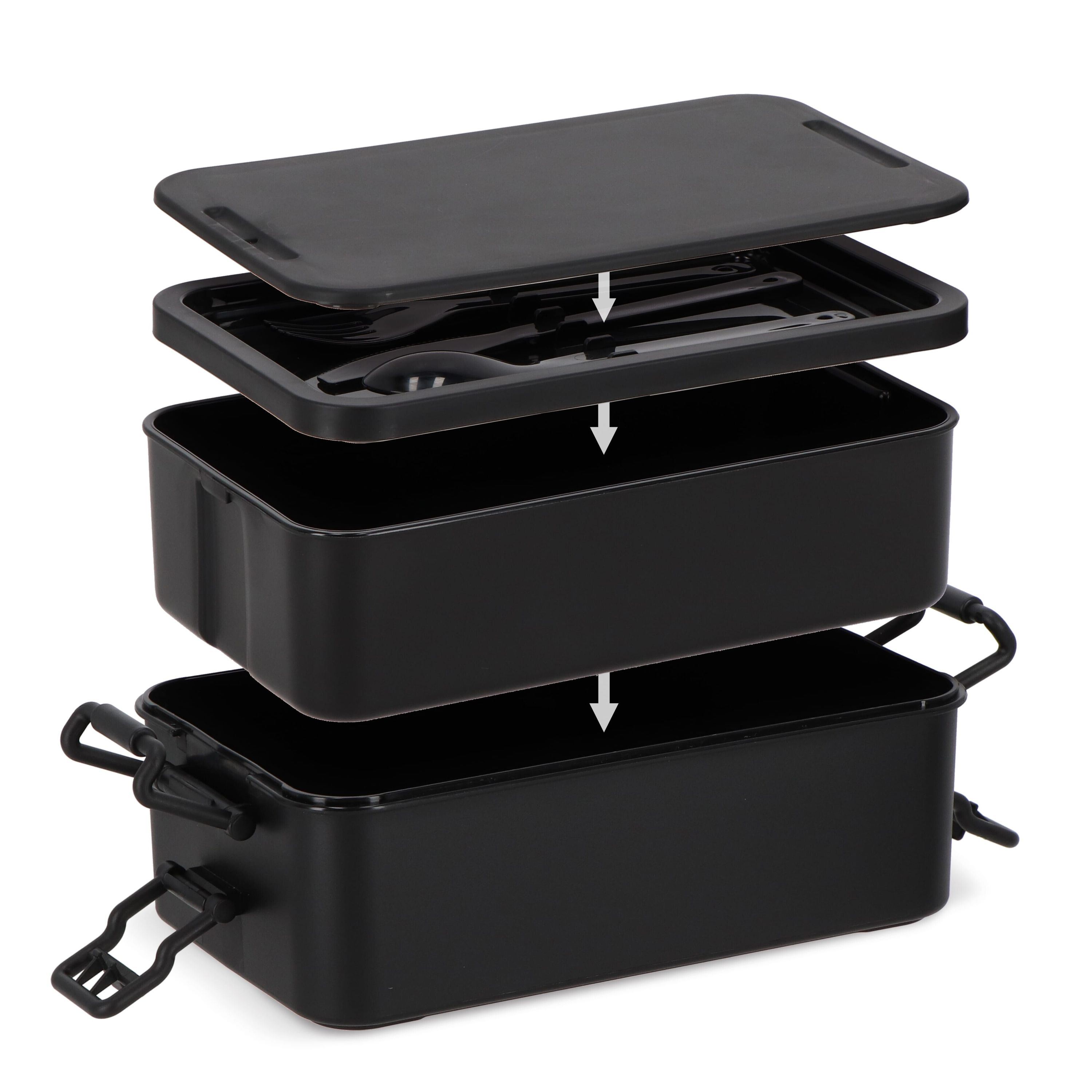 Doppelte Lunchbox mit Besteck - schwarz-955