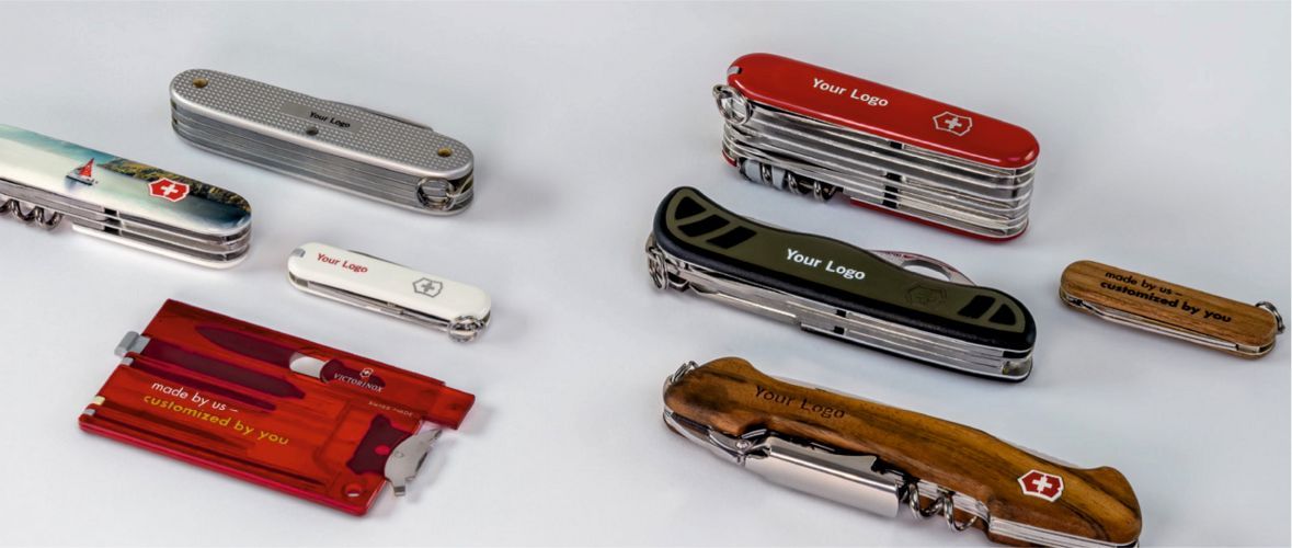 Die verschiedenen Taschenmesser Modelle von Victorinox werden präsentiert.