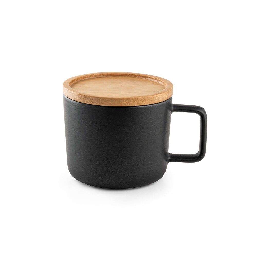 FANGIO Tasse Keramik 220ml mit Deckel aus Bambus als Untersetzer - schwarz-710