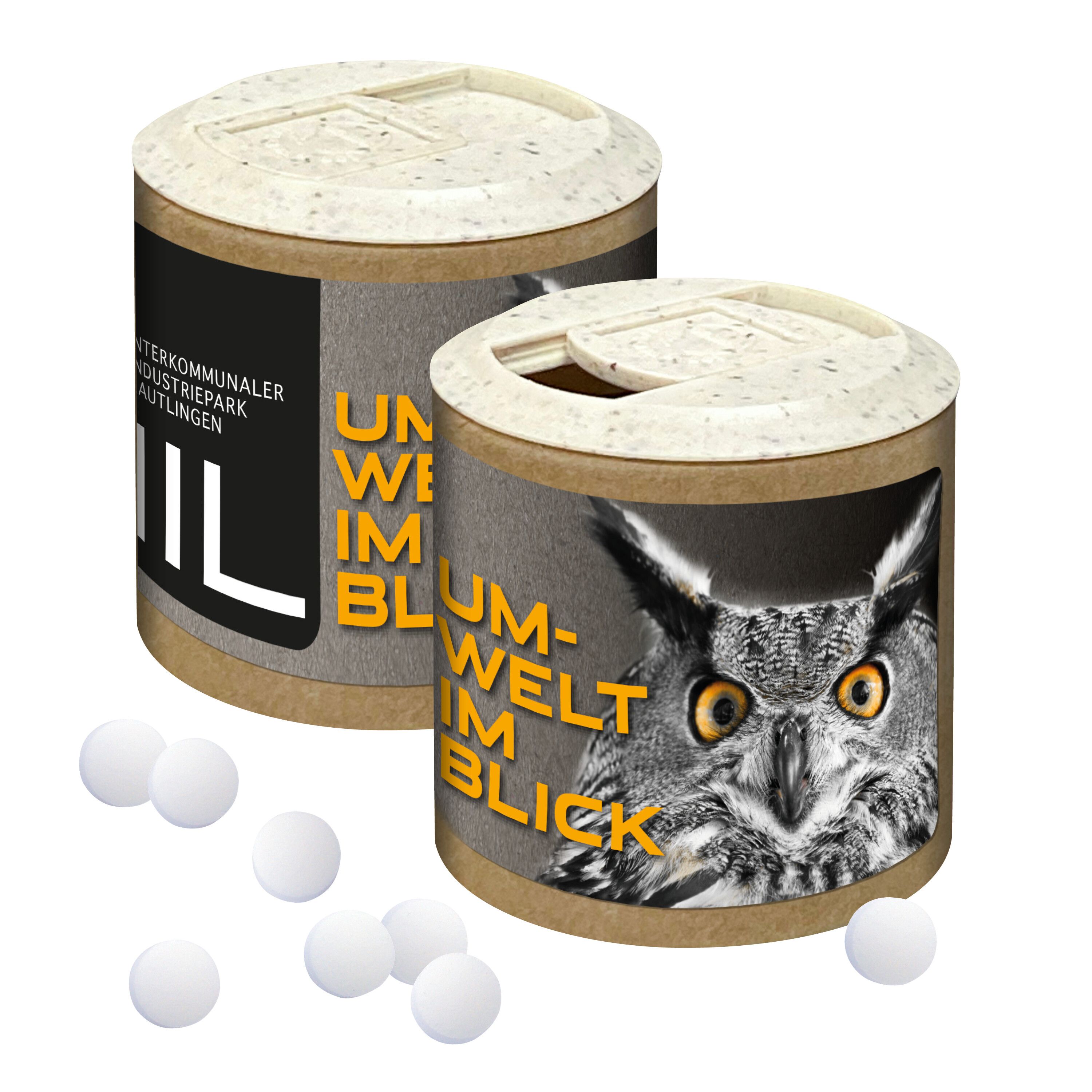 Papier-Werbedose mit Stevia* Pfefferminzpastillen, 72 g-597